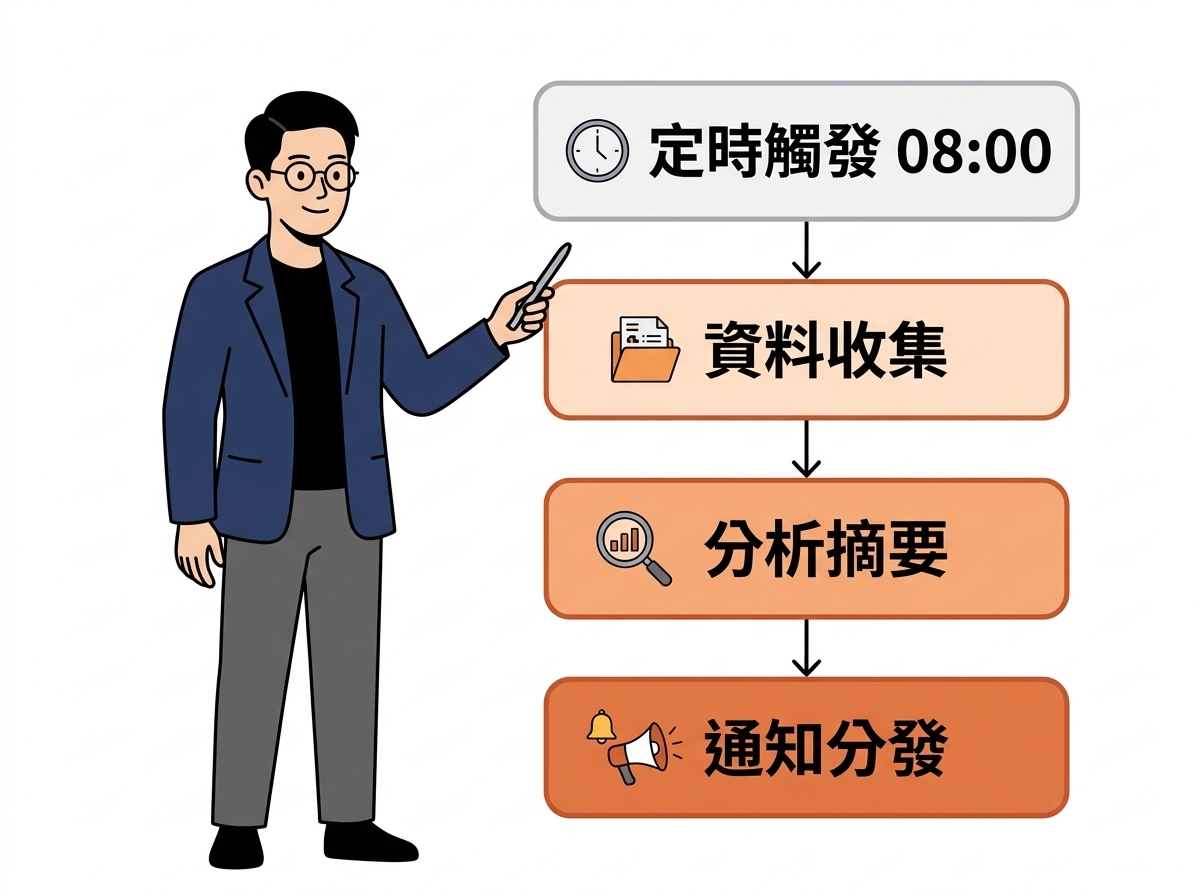 三個 Agent 的串聯架構:定時觸發 → 資料收集 → 分析摘要 → 通知分發
